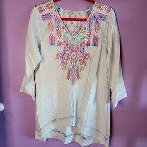 Soft Surroundings Womens Blouse Size M Tunic Embroidered Boho 3/4 sleeve